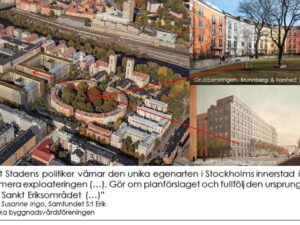 Sankt Eriksområdets kulturmiljövärden hotas av storskalig exploatering menar Monica Andersson och Susanne Ingo (Samfundet S:t Erik) samt Kristina Berglund (Svenska byggnadsvårdföreningen)