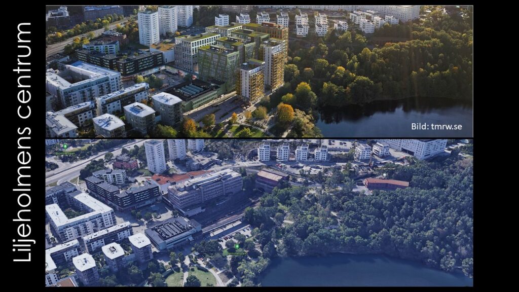 Planförslaget för Liljeholmens centrum - för hög exploateringsgrad och brist på hänsyn till den befintliga bebyggelsens kvaliteter anser Samfundet S:t Erik