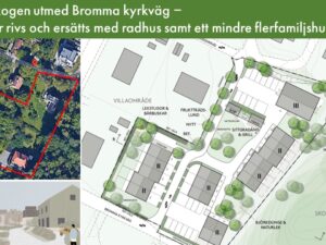 Utmed Bromma kyrkväg rivs tre villor och tomterna förtätas med radhus och flerfamiljhus – Samfundet S:t Erik har yttrat sig över detaljplaneförslaget