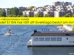 Mark- och miljödomstolen i sin dom: Samfundet S:t Erik har rätt att överklaga beslutet om rivningslov för Liljeholmsbadet